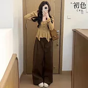 【初色】簡約編織紋理不規則下擺針織開衫上衣+寬鬆闊腿褲寬褲長褲套裝-卡其衣咖褲-16515(F可選) F 卡其衣咖褲