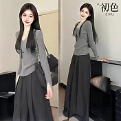【初色】韓系純色修身長袖針織衫上衣+素色寬鬆休閒褲寬褲長褲套裝-灰色-16516(F可選) F 灰色