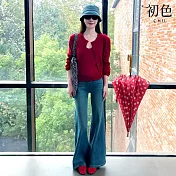 【初色】休閒簡約圓領無袖吊帶背心內搭+針織長袖開衫外套+牛仔褲闊腿褲長褲套裝-紅藍色-16379(F可選) F 紅藍色