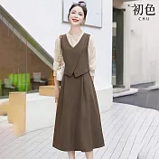 【初色】休閒簡約雅致假兩件澎澎袖皺褶圓領長袖連衣裙中長裙連身洋裝長裙-共2色-16413(M-2XL可選) M 咖色