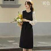 【初色】輕熟風拼接撞色假兩件木耳邊立領長袖高腰A字裙中長裙連衣裙連身洋裝-黑色-16412(M-2XL可選) M 黑色