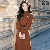 【初色】法式純色圓領長袖針織中長裙連衣裙連身洋裝-共3色-16332(F可選) F 咖色