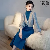 【初色】格紋V領排釦長袖外套女外套+純色高領直筒裙中長連衣裙連身洋裝套裝-藍色-16334(F可選) F 藍色