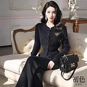 【初色】新中式輕奢感圓領排扣長袖針織衫毛衣+鬆緊腰寬鬆闊腿寬褲長褲套裝-共2色-16336(F可選) F 黑色