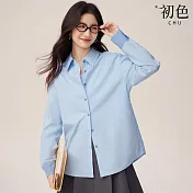 【初色】韓系通勤寬鬆純色拼接條紋長袖翻領排扣襯衫上衣女上衣-共2色-16393(M-3XL可選) M 藍色