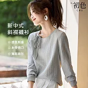 【初色】新中式純色排釦斜襟圓領長袖系帶襯衫上衣女上衣-灰綠色-16498(M-2XL可選) M 灰綠色