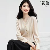 【初色】簡約純色V領排釦長袖收腰綁帶襯衫上衣女上衣-米白色-16388(M-2XL可選) M 米白色