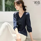 【初色】法式純色V領收腰繫帶單排釦泡泡袖襯衫上衣女上衣-藏青色-16493(M-2XL可選) M 藏青色
