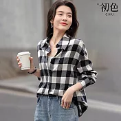 【初色】經典百搭復古寬版黑白格紋格子翻領長袖寬鬆襯衫上衣女上衣-黑色-16501(M-2XL可選) M 黑色