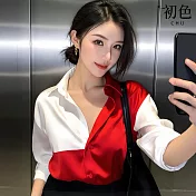 【初色】法式設計感撞色拼接緞面翻領長袖襯衫上衣女上衣-紅白色-16481(M-2XL可選) M 紅白色