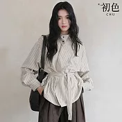 【初色】簡約條紋高領長袖收腰綁帶釦子襯衫上衣女上衣-白色-16465(M-2XL可選) M 白色