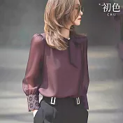 【初色】通勤風純色圓領飄結蕾絲袖口長袖襯衫上衣女上衣-深紫色-16485(M-2XL可選) M 深紫色