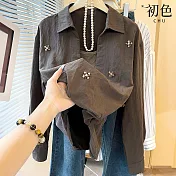 【初色】休閒簡約假兩件純色珠花釘珠翻領長袖寬鬆襯衫上衣女上衣-咖色-16488(M-2XL可選) M 咖色