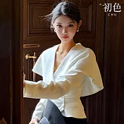 【初色】法式純色V領長袖斗篷釦子收腰襯衫上衣女上衣-共2色-16483(M-2XL可選) M 白色