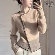 【初色】韓系撞色排釦圓領長袖針織外套女外套-共5色-16375(F可選) F 咖色
