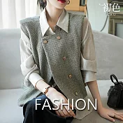 【初色】法式小香風紋理氣質圓領排釦短款外搭馬甲女背心-灰色-16507(M-2XL可選) M 灰色