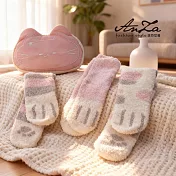 【AnZa】貓咪設計襪組合精選(襪子+收納包)_6款 粉_珊瑚絨貓爪襪+包組