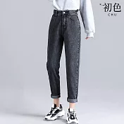 【初色】高腰顯瘦九分直筒加絨加厚保暖哈倫褲休閒褲長褲牛仔褲-共5色-39325(M-2XL可選) M 黑灰色