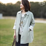 【初色】休閒簡約通勤別緻拼接條紋排扣翻領長袖風衣外套女外套-共2色-16443(L/XL可選) L 淺綠色