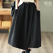 【初色】休閒簡約寬鬆復古修身收腰雙口袋開岔鬆緊腰半身裙中長裙長裙-共3色-16461(F可選) FREE 黑色