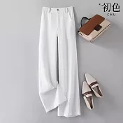 【初色】亞麻風純色高腰口袋垂感闊腿褲休閒褲寬褲長褲-共3色-10565(M-2XL可選) M 白色