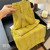 【初色】條紋簡約鬆緊腰寬鬆休閒褲寬褲闊腿褲棉麻風格長褲-黃綠色-16383(M-XL可選) M 黃綠色