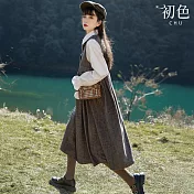 【初色】學院風復古毛呢寬鬆中長款圓領背心裙A字連衣裙長裙-灰色-16463(M-XL可選) M 灰色