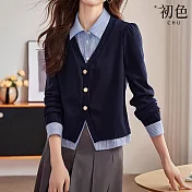 【初色】拼接條紋翻領通勤假兩件大學T恤上衣女上衣-藏青色-33283(M-2XL可選) M 藏青色