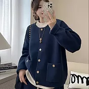 【MsMore】 韓系圓領針織單排扣毛衣外套長袖上衣# 125932 FREE 藏青色