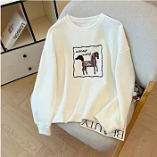 【MsMore】 駿馬印花T寬鬆長袖俏麗上衣# 126266 M 米白色