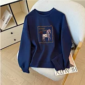 【MsMore】 駿馬印花T寬鬆長袖俏麗上衣# 126266 M 藍色