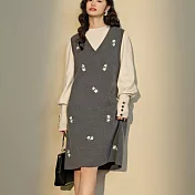 【MsMore】 灰色刺繡背心V領外搭針織毛衣洋裝# 126276 FREE 灰色