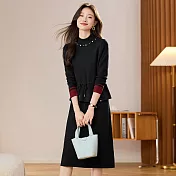 【MsMore】 釘珠中長款純色針織毛衣連身裙洋裝# 126311 M 黑色