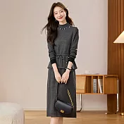 【MsMore】 釘珠中長款純色針織毛衣連身裙洋裝# 126311 M 灰色