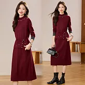 【MsMore】 釘珠中長款純色針織毛衣連身裙洋裝# 126311 M 紅色