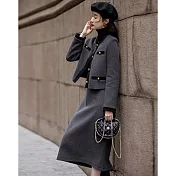 【MsMore】 毛呢短外套半身裙小香風撞色兩件式套裝# 126516 M 灰色