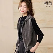 【初色】休閒簡約寬鬆有型縮繩拉鍊式針織連帽無袖外套背心女背心-灰色-16658(F可選) F 灰色