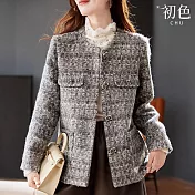 【初色】法式小香風混亮絲粗花針織毛呢條紋圓領排扣長袖寬鬆外套女外套-灰色-16626(M-2XL可選) M 灰色