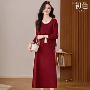 【初色】假兩件撞色圓領長袖針織衫上衣女上衣+純色鬆緊腰A字裙半身裙套裝-共4色-16526(F可選) F 紅色