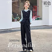 【初色】純色長袖木耳邊領襯衫+圓領收腰綁帶馬甲背心+直筒褲休閒褲寬褲長褲套裝-藏青色-16622(M-XL可選) M 藏青色