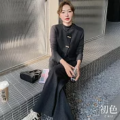 【初色】休閒寬鬆圓領長袖上衣+無袖斜扣開衫馬甲背心+高腰闊腿褲寬褲長褲套裝-深灰色-16624(M-XL可選) M 深灰色