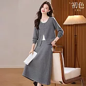 【初色】假兩件撞色圓領長袖針織衫上衣女上衣+純色鬆緊腰A字裙半身裙套裝-共4色-16526(F可選) F 灰色