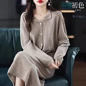 【初色】純色簡約翻領長袖收腰下襬針織衫+鬆緊腰半身裙中長裙長裙套裝-共2色-16634(F可選) F 淺駝色