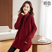 【初色】韓系慵懶純色軟糯寬鬆圍巾領中長款長袖毛衣上衣女上衣-共3色-16635(F可選) F 紅色