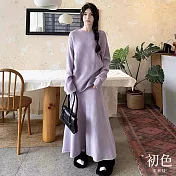 【初色】休閒寬鬆簡約褶皺一字肩針織圓領長袖上衣女上衣+鬆緊腰A字裙中長裙長裙套裝-共3色-16638(F可選) F 紫色