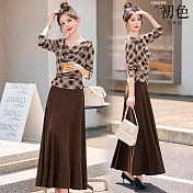 【初色】格紋撞色圓領長袖T恤上衣女上衣+純色中長款A字裙半身裙套裝-咖格衣咖裙-16640(M-2XL可選) M 咖格衣咖裙