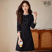 【初色】小香風撞色圓領長袖收腰排釦中長連衣裙連身洋裝-黑色-16646(M-2XL可選) M 黑色