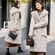 【初色】休閒寬鬆保暖菱格紋顯瘦收腰縮繩毛帽連帽拉鍊扣長袖羽絨大衣外套女外套-共5色-16589(M-3XL可選) M 米白色