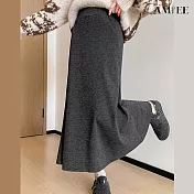 【AMIEE】純色毛呢半身魚尾A字高腰女長裙(KDSQ-122) M 深灰