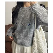 【MsMore】 文藝復古花朵刺繡圓領針織上衣# 126729 FREE 灰色